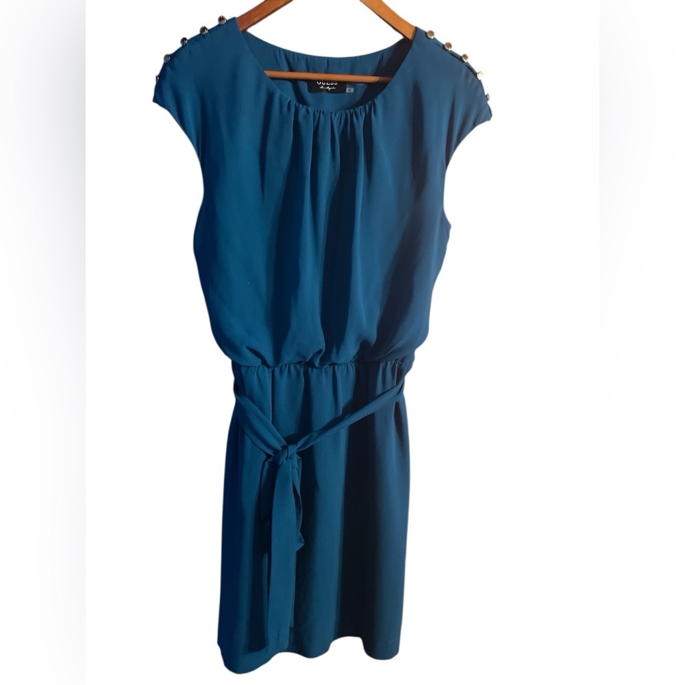 Guess Teal Gold Button Belted Midi Dress Size 10 Medium